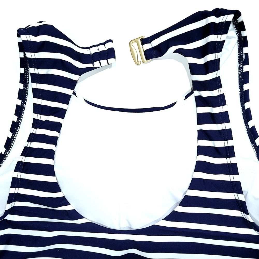Lands End Navy Stripe High Neck UPF 50 Open Back Keyhole 1pc Swimsuit Women's S - Picture 8 of 10